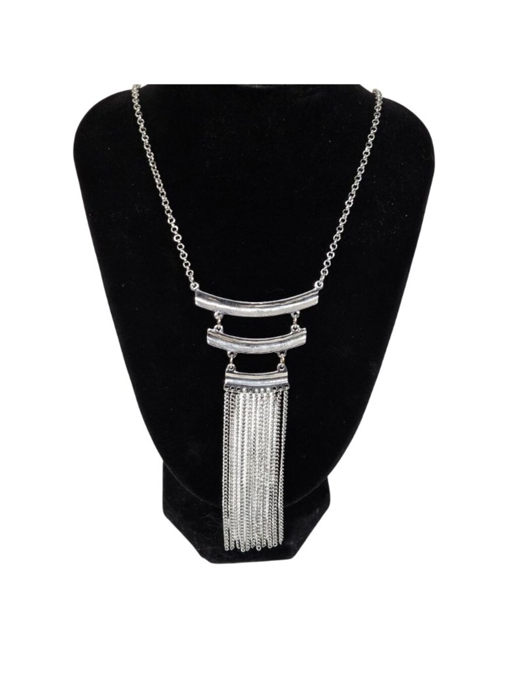 Silver Tone Tassel Fringe Statement Necklace Long Chain Boho Fashion Jewelry - Picture 2 of 3